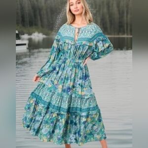 Saints & Hearts Aura Check Yes Turquoise Blue Green Floral Boho Maxi Dress